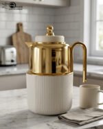 Three luxury 1-liter thermal flasks in white, grey, and black with polished gold tops and ribbed textured bases on a marble kitchen counter.