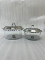 Paramount Series 5-in-1 buffet food warmer featuring one large 2.5L central glass bowl and four 1.5L side glass bowls with stainless steel lids, supported by a chrome metal stand with integrated buffet burners for tea lights.