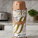 A 1.9-liter Day Days thermal airpot with a brown pump lid and a white body featuring coffee-themed typography, sitting on a marble kitchen countertop.