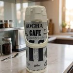 A 1.9-liter Day Days vacuum insulated airpot with a floral garden pattern and brown pump-action lid, standing on a kitchen counter with a blurred home background.