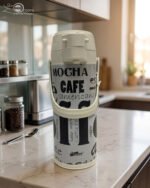 A 1.9-liter Day Days vacuum insulated airpot with a floral garden pattern and brown pump-action lid, standing on a kitchen counter with a blurred home background.