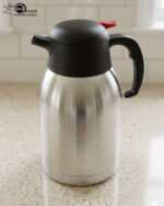 Stainless Steel Thermal Flask with a black lid and handle, available in 1.5 liter and 2 liter sizes, shown on a kitchen countertop.