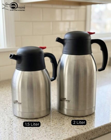 Stainless Steel Thermal Flask with a black lid and handle, available in 1.5 liter and 2 liter sizes, shown on a kitchen countertop.