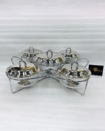 Paramount Series 5-in-1 buffet food warmer featuring one large 2.5L central glass bowl and four 1.5L side glass bowls with stainless steel lids, supported by a chrome metal stand with integrated buffet burners for tea lights.