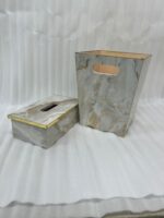 home decor, luxury home accessories, marble tissue box, gold tissue box cover, matching wastebasket, vanity set, office decor, decorative tissue holder, trash bin, waste receptacle, modern decor, marble print, gold trim, stylish home essentials, interior design.