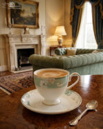 A luxury super bone china tea cup with a floral mint-green band and gold rim, filled with coffee, resting on a matching saucer on a polished wooden table in a classic living room with a fireplace