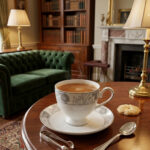 A high-angle shot of a floral-patterned white bone china teacup filled with steaming tea, resting on a matching saucer on a polished wooden table in a luxurious library setting with a green velvet sofa and bookshelves