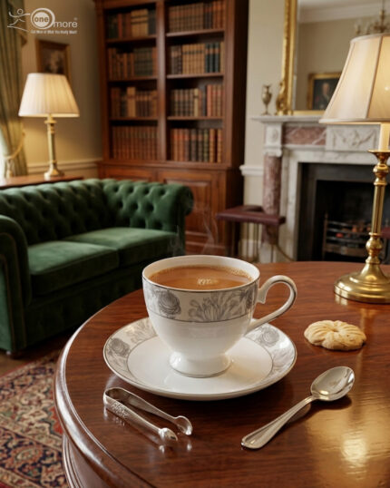 A high-angle shot of a floral-patterned white bone china teacup filled with steaming tea, resting on a matching saucer on a polished wooden table in a luxurious library setting with a green velvet sofa and bookshelves