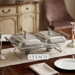 Paramount Series dual stainless steel food warmer with two 1.5-liter glass buffet dishes and polished lids, featuring two buffet burners underneath on a decorated dining table.
