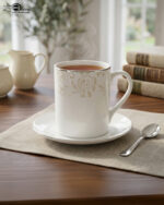 A set of elegant white bone china mugs featuring a subtle beige floral scroll pattern near the silver-trimmed rim, shown in both a standard short version in 4.jpg and a taller long version in 5.jpg