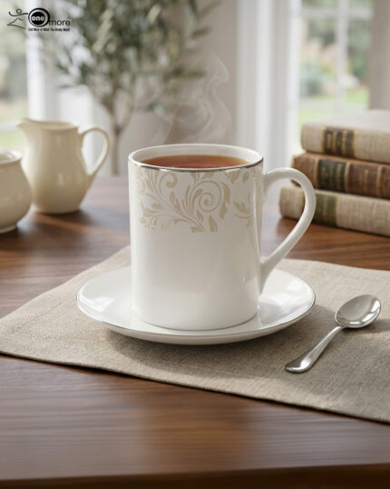 A set of elegant white bone china mugs featuring a subtle beige floral scroll pattern near the silver-trimmed rim, shown in both a standard short version in 4.jpg and a taller long version in 5.jpg