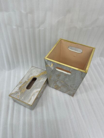 home decor, luxury home accessories, marble tissue box, gold tissue box cover, matching wastebasket, vanity set, office decor, decorative tissue holder, trash bin, waste receptacle, modern decor, marble print, gold trim, stylish home essentials, interior design.