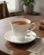 Steaming hot tea in an elegant white bone china teacup with gold trim and a silver leaf design, resting on a matching saucer on a wooden table
