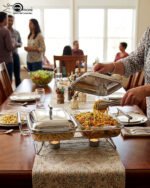 Paramount Series dual stainless steel food warmer with two 1.5-liter glass buffet dishes and polished lids, featuring two buffet burners underneath on a decorated dining table.