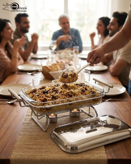 Two Paramount Series stainless steel food warmers in 2L and 3L sizes on a wooden table, featuring glass basins and polished metal lids.