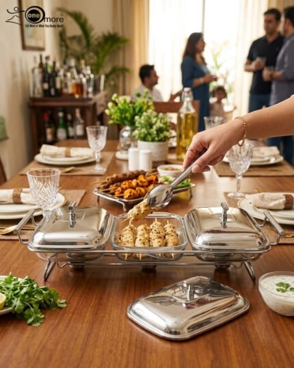 Paramount Series 3-in-1 stainless steel food warmer with three 1.5L glass dishes and buffet burners set on a formal wooden dining table.