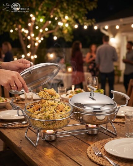 Two-dish Paramount Series stainless steel food warmer with glass bowls and chrome lids, featuring two buffet burners underneath, displayed on a wooden dining table.