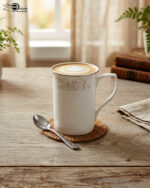 A set of elegant white bone china mugs featuring a subtle beige floral scroll pattern near the silver-trimmed rim, shown in both a standard short version in 4.jpg and a taller long version in 5.jpg
