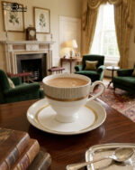 A luxury super bone china tea cup and saucer with gold pinstripe and laurel wreath patterns, filled with milk tea on a wooden table in a classic vintage living room setting with a fireplace and green armchairs