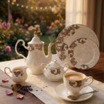 Elegant super bone china tea set featuring a teapot, teacup, plates, cream pitcher, and sugar bowl with a brown vintage baroque pattern and gold rims, displayed on a wooden table.