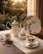 Elegant super bone china tea set featuring a teapot, teacup, plates, cream pitcher, and sugar bowl with a brown vintage baroque pattern and gold rims, displayed on a wooden table.