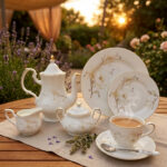 A luxury white super bone china tea set with grey floral patterns and gold rims on a wooden table, featuring a teapot, teacup, plates, and a steaming cup of tea against a snowy window BG.