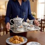 A woman in a navy blue blouse holding a silver tray with a floral blue and white Super Bone China tea set, including a teapot, cups, and sugar bowl, with a plate of croissants in the foreground