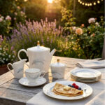 A luxury white Super Bone China tea set with gold rims and a grey feather design, featuring a teapot, creamer, sugar bowl, and cup and saucer on a rustic wooden garden table at sunset