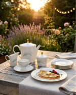 A luxury white Super Bone China tea set with gold rims and a grey feather design, featuring a teapot, creamer, sugar bowl, and cup and saucer on a rustic wooden garden table at sunset