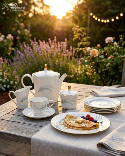 A luxury white Super Bone China tea set with gold rims and a grey feather design, featuring a teapot, creamer, sugar bowl, and cup and saucer on a rustic wooden garden table at sunset