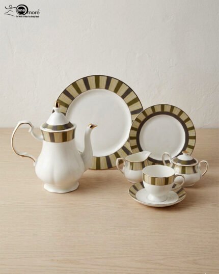 : A complete 24-piece porcelain tea and dining set featuring white ceramic with gold and olive-green striped rims, including plates, cups, saucers, a teapot, a sugar bowl, and a milk creamer arranged on a wooden surface.