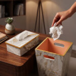 home decor, luxury home accessories, marble tissue box, gold tissue box cover, matching wastebasket, vanity set, office decor, decorative tissue holder, trash bin, waste receptacle, modern decor, marble print, gold trim, stylish home essentials, interior design.