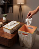 home decor, luxury home accessories, marble tissue box, gold tissue box cover, matching wastebasket, vanity set, office decor, decorative tissue holder, trash bin, waste receptacle, modern decor, marble print, gold trim, stylish home essentials, interior design.