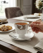 A luxury white super bone china cup and saucer featuring gold leaf designs and a gold rim, set on a white placemat on a wooden dining table.