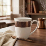 A set of six elegant white bone china mugs with a decorative rose-gold geometric band and beaded rim, displayed on a wooden tray with hot tea and rising steam in a warm, cinematic library setting