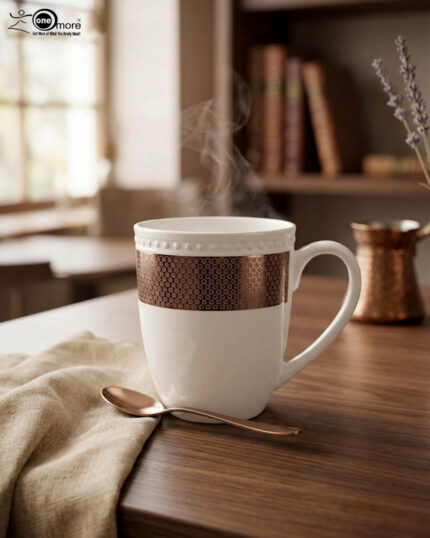 A set of six elegant white bone china mugs with a decorative rose-gold geometric band and beaded rim, displayed on a wooden tray with hot tea and rising steam in a warm, cinematic library setting
