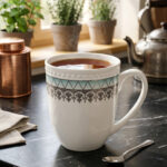 A premium bone china mug filled with hot tea on a black marble countertop, featuring a turquoise geometric pattern and silver lace design, set against a cozy kitchen background with soft natural lighting