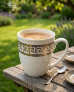 A high-quality white bone china mug filled with steaming milk tea, featuring a gold Greek Key pattern and beaded texture, resting on a rustic wooden garden table