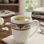 A high-angle close-up of a white bone china mug filled with green tea, featuring an intricate burgundy and gold damask pattern on a mint-green band, resting on a beige linen napkin on a wooden table with books and white rose petals in the background