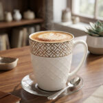 A steaming cup of latte with latte art inside a white bone china mug featuring a gold geometric pattern and quilted texture, resting on a glass saucer with a silver spoon on a wooden table