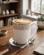 A steaming cup of latte with latte art inside a white bone china mug featuring a gold geometric pattern and quilted texture, resting on a glass saucer with a silver spoon on a wooden table