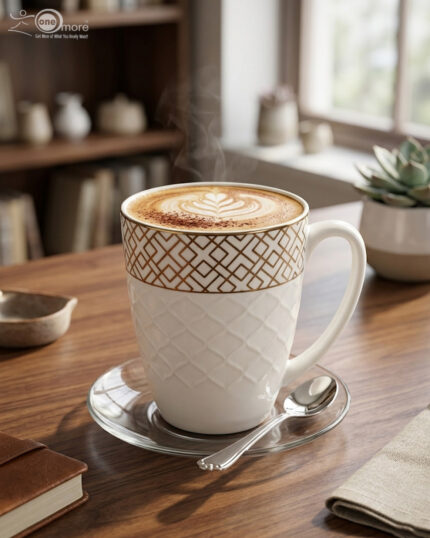 A steaming cup of latte with latte art inside a white bone china mug featuring a gold geometric pattern and quilted texture, resting on a glass saucer with a silver spoon on a wooden table