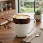 A high-angle shot of a premium white bone china mug with a textured diamond pattern and a dark geometric border, filled with latte art on a wooden table alongside a leather journal and coffee beans