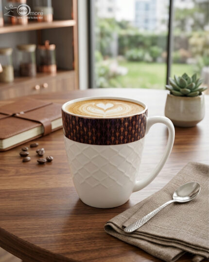 A high-angle shot of a premium white bone china mug with a textured diamond pattern and a dark geometric border, filled with latte art on a wooden table alongside a leather journal and coffee beans