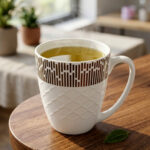 A steaming cup of green tea in a white bone china mug with a bronze geometric pattern and embossed lattice texture, sitting on a wooden table