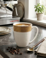 A high-quality bone china coffee mug with a latte inside, featuring a gold woven pattern at the top and an embossed white grid texture on the bottom, set on a dark marble countertop next to coffee beans and a gold spoon