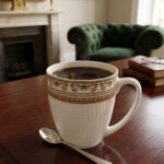 A high-angle shot of a luxury white bone china mug filled with black coffee, featuring an ornate gold Greek key border, placed on a dark wooden table next to a silver spoon in a cozy living room setting