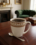 A high-angle shot of a luxury white bone china mug filled with black coffee, featuring an ornate gold Greek key border, placed on a dark wooden table next to a silver spoon in a cozy living room setting