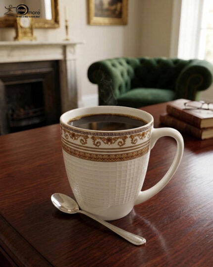 A high-angle shot of a luxury white bone china mug filled with black coffee, featuring an ornate gold Greek key border, placed on a dark wooden table next to a silver spoon in a cozy living room setting