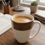 A high-angle close-up of a premium bone tea mug filled with hot tea, featuring a gold-rimmed floral pattern and a white textured base on a wooden desk with a book and succulent in the background